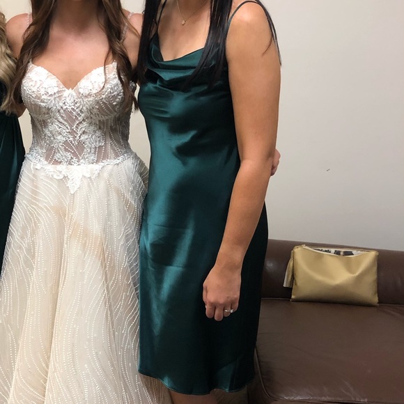 Midi Satin Slip Dress with Spaghetti Straps in Juniper - Picture 4 of 5